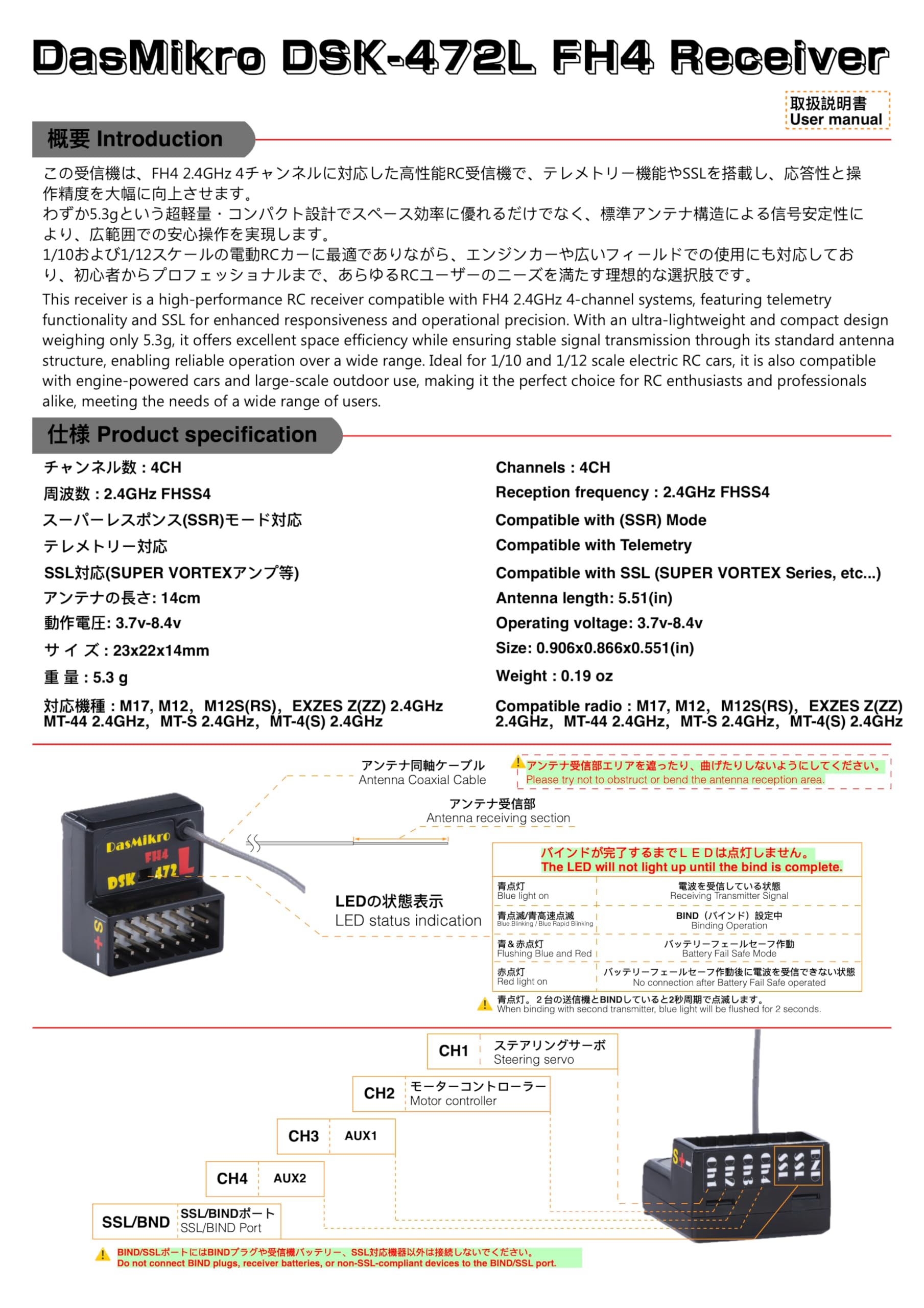 Amazon.co.jp: P.D DasMikro 2.4GHz 4CH 互換受信機 FH4T、FH4、FH3
